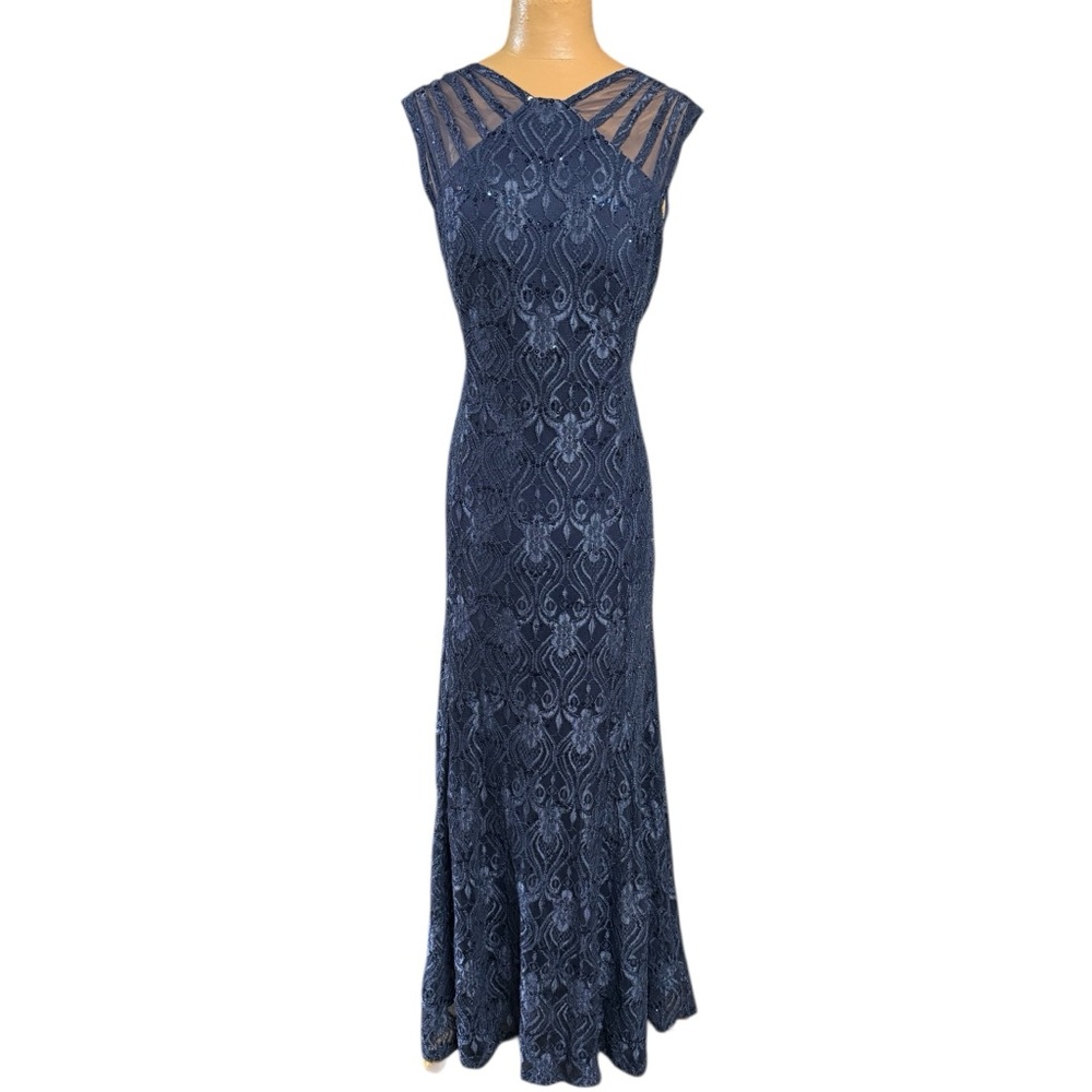 R&M Richards, Lace & Sequence Gown, Ice Navy Blue